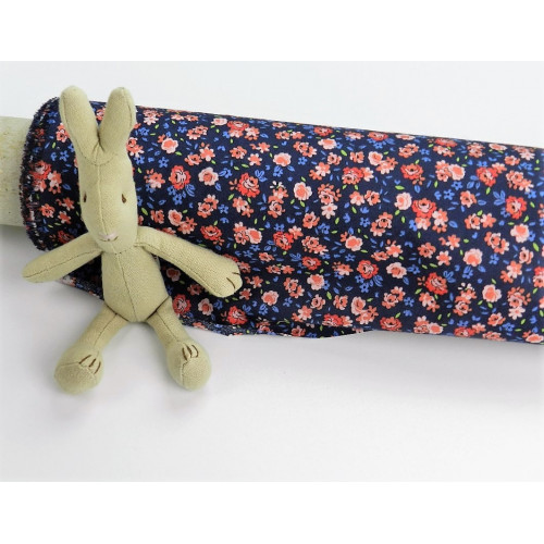 Voile di cotone Bio, Blu con fiori rossi