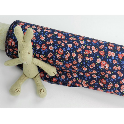Voile di cotone Bio, Blu con fiori rossi