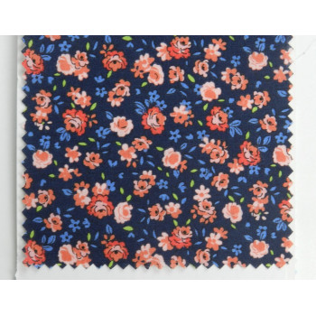 Voile di cotone Bio, Blu con fiori rossi