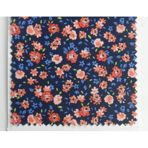 Voile di cotone Bio, Blu con fiori rossi