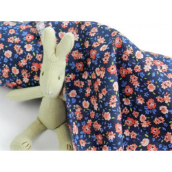 Voile di cotone Bio, Blu con fiori rossi