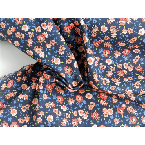 Voile di cotone Bio, Blu con fiori rossi