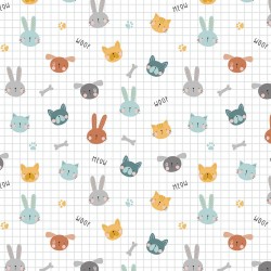 Cotone Popeline, Bianco con quadretti grigi, Animali