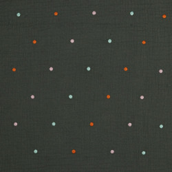 Mussola o Doppia Garza di Cotone, Grigio scuro con Pois colorati