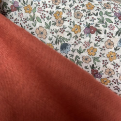 Voile di cotone Bio, Bianco con Fiori Celesti,Rosa e Gialli e Foglie Verdi