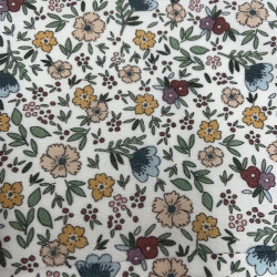 Voile di cotone Bio, Bianco con Fiori Celesti,Rosa e Gialli e Foglie Verdi
