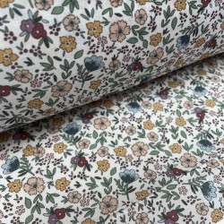 Voile di cotone Bio, Bianco con Fiori Celesti,Rosa e Gialli e Foglie Verdi