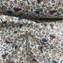 Voile di cotone Bio, Bianco con Fiori Celesti,Rosa e Gialli e Foglie Verdi