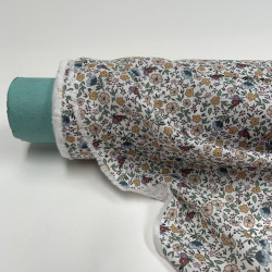Voile di cotone Bio, Bianco con Fiori Celesti,Rosa e Gialli e Foglie Verdi