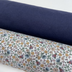 Voile di cotone Bio, Bianco con Fiori Celesti,Rosa e Gialli e Foglie Verdi