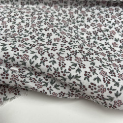 Voile di cotone Bio, Bianco con Fioriellini Viola e Rosa a Cigliegia
