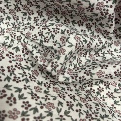 Voile di cotone Bio, Bianco con Fioriellini Viola e Rosa a Cigliegia