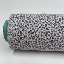 Voile di cotone Bio, Bianco con Fioriellini Viola e Rosa a Cigliegia