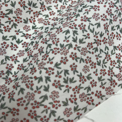 Voile di cotone Bio, Bianco con Fioriellini Rossi e Rosa a Cigliegia