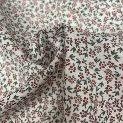 Voile di cotone Bio, Bianco con Fioriellini Rossi e Rosa a Cigliegia