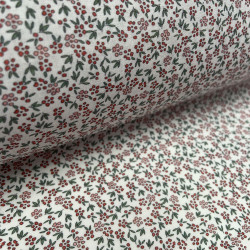Voile di cotone Bio, Bianco con Fioriellini Rossi e Rosa a Cigliegia