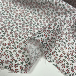 Voile di cotone Bio, Bianco con Fioriellini Rossi e Rosa a Cigliegia