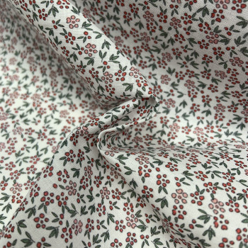Voile di cotone Bio, Bianco con Fioriellini Rossi e Rosa...
