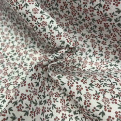 Voile di cotone Bio, Bianco con Fioriellini Rossi e Rosa a Cigliegia