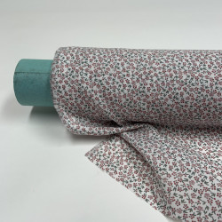 Voile di cotone Bio, Bianco con Fioriellini Rossi e Rosa a Cigliegia