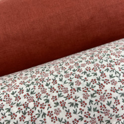 Voile di cotone Bio, Bianco con Fioriellini Rossi e Rosa a Cigliegia