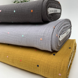 Mussola o Doppia Garza di Cotone, Grigio scuro con Pois colorati