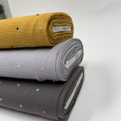 Mussola o Doppia Garza di Cotone, Grigio scuro con Pois colorati