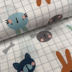 Cotone Popeline, Bianco con quadretti grigi, Animali