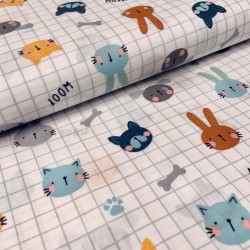 Cotone Popeline, Bianco con quadretti grigi, Animali