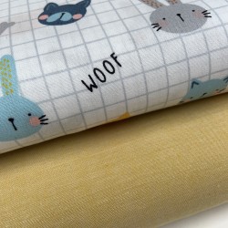 Cotone Popeline, Bianco con quadretti grigi, Animali