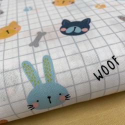 Cotone Popeline, Bianco con quadretti grigi, Animali