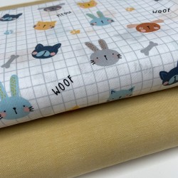 Cotone Popeline, Bianco con quadretti grigi, Animali