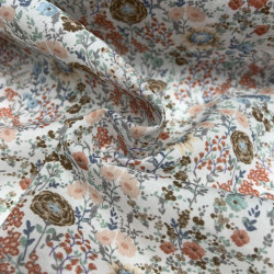 Voile di cotone Bio, Bianco con Fiori Marroni e Rosa