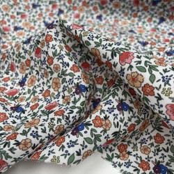 Voile di cotone Bio, Bianco con Fiori Arancioni,Rosa e Gialli e Foglie Verdi