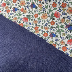 Voile di cotone Bio, Bianco con Fiori Arancioni,Rosa e Gialli e Foglie Verdi