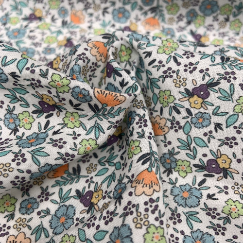 Voile di cotone Bio, Bianco con Fiori Celesti,...