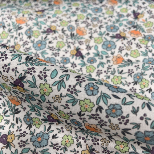 Voile di cotone Bio, Bianco con Fiori Celesti,...