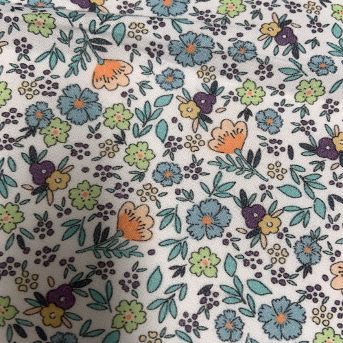 Voile di cotone Bio, Bianco con Fiori Celesti,...