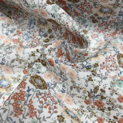 Voile di cotone Bio, Bianco con Fiori Marroni e Rosa