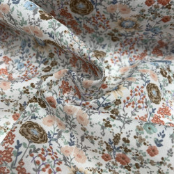 Voile di cotone Bio, Bianco con Fiori Marroni e Rosa