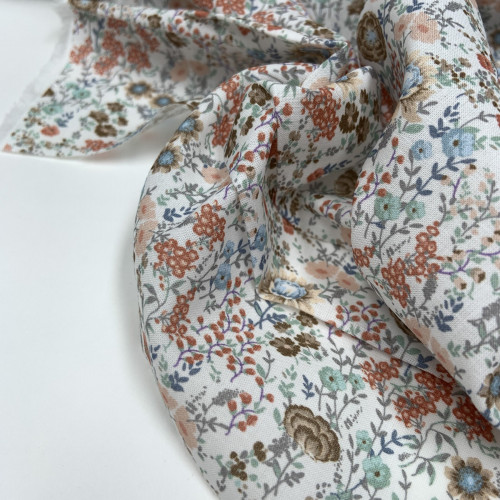 Voile di cotone Bio, Bianco con Fiori Marroni e...