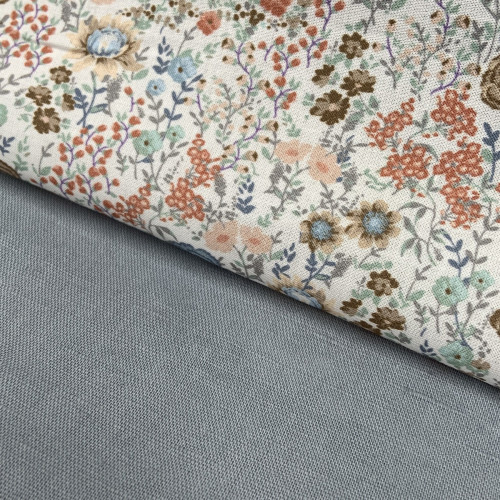 Voile di cotone Bio, Bianco con Fiori Marroni e...