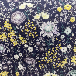 Voile di cotone Bio, Blu con Fiori Grigi e Gialli