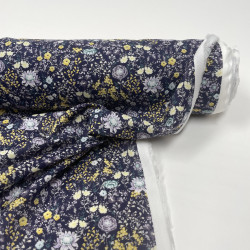 Voile di cotone Bio, Blu con Fiori Grigi e Gialli