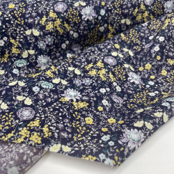 Voile di cotone Bio, Blu con Fiori Grigi e Gialli