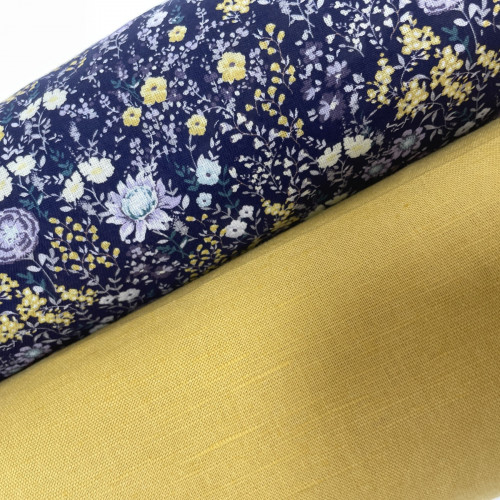 Voile di cotone Bio, Blu con Fiori Grigi e Gialli