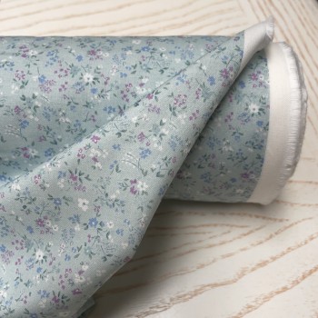 Cotone Bio, Verde Acqua, Fiorellini bianchi e viola 2