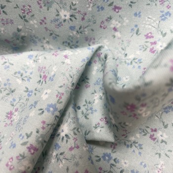 Cotone Bio, Verde Acqua, Fiorellini bianchi e viola
