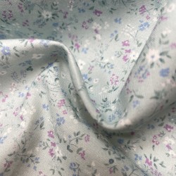 Cotone Bio, Verde Acqua, Fiorellini bianchi e viola