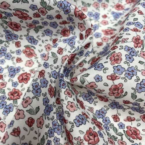Voile di cotone Bio, Bianco con Fiori Celesti e...